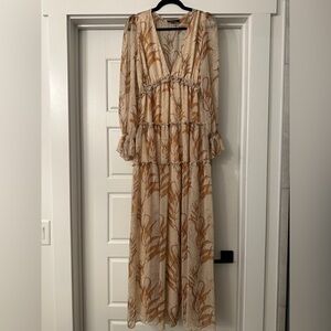 Aakaa Beige and Orange Leaf Maxi Dress